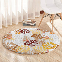 Brown Aloha Hawaiian Round Carpet Monstera Hibiscus Tropical Pattern
