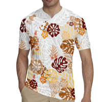 Brown Aloha Hawaiian Rugby Jersey Monstera Hibiscus Tropical Pattern