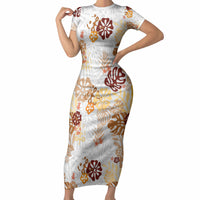 Brown Aloha Hawaiian Short Sleeve Bodycon Dress Monstera Hibiscus Tropical Pattern