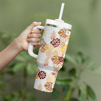 Brown Aloha Hawaiian Tumbler With Handle Monstera Hibiscus Tropical Pattern