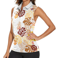 Brown Aloha Hawaiian Women Sleeveless Polo Shirt Monstera Hibiscus Tropical Pattern