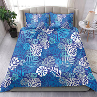 Blue Aloha Hawaiian Bedding Set Monstera Hibiscus Tropical Pattern