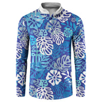 Blue Aloha Hawaiian Button Sweatshirt Monstera Hibiscus Tropical Pattern