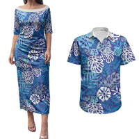 Blue Aloha Hawaiian Couples Matching Puletasi and Hawaiian Shirt Monstera Hibiscus Tropical Pattern