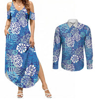 Blue Aloha Hawaiian Couples Matching Summer Maxi Dress and Long Sleeve Button Shirt Monstera Hibiscus Tropical Pattern
