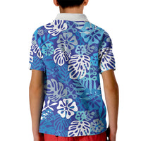 Blue Aloha Hawaiian Kid Polo Shirt Monstera Hibiscus Tropical Pattern