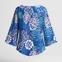 Blue Aloha Hawaiian Kimono Sleeve Blouse Monstera Hibiscus Tropical Pattern