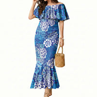 Blue Aloha Hawaiian Mermaid Dress Monstera Hibiscus Tropical Pattern
