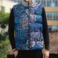 Blue Aloha Hawaiian Sleeveless Puffer Jacket Monstera Hibiscus Tropical Pattern