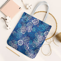 Blue Aloha Hawaiian Tote Bag Monstera Hibiscus Tropical Pattern