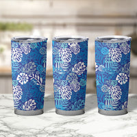 Blue Aloha Hawaiian Tumbler Cup Monstera Hibiscus Tropical Pattern