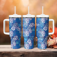 Blue Aloha Hawaiian Tumbler With Handle Monstera Hibiscus Tropical Pattern