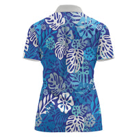 Blue Aloha Hawaiian Women Polo Shirt Monstera Hibiscus Tropical Pattern