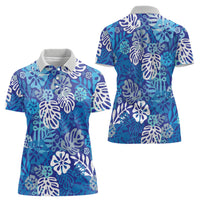 Blue Aloha Hawaiian Women Polo Shirt Monstera Hibiscus Tropical Pattern