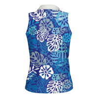 Blue Aloha Hawaiian Women Sleeveless Polo Shirt Monstera Hibiscus Tropical Pattern