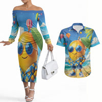 Funny Hawaii Mango Couples Matching Off The Shoulder Long Sleeve Dress and Hawaiian Shirt Tropical Summer Beach Mascot Vacation LT19 Blue - Polynesian Pride