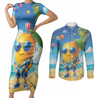 Funny Hawaii Mango Couples Matching Short Sleeve Bodycon Dress and Long Sleeve Button Shirt Tropical Summer Beach Mascot Vacation LT19 Blue - Polynesian Pride