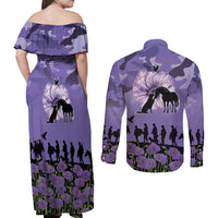 ANZAC Day Couples Matching Off Shoulder Maxi Dress and Long Sleeve Button Shirt Lest We Forget the Animals Too LT19 - Polynesian Pride