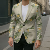 Hawaiian Pikake Maile Lei Blazer Tiare Hibiscus Kalo Palapalai Leaf Beige LT19 - Polynesian Pride