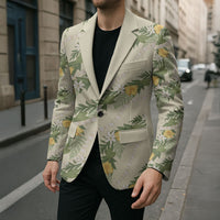 Hawaiian Pikake Maile Lei Blazer Tiare Hibiscus Kalo Palapalai Leaf Beige LT19 - Polynesian Pride