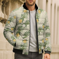 Hawaiian Pikake Maile Lei Bomber Puffer Jacket Tiare Hibiscus Kalo Palapalai Leaf Beige LT19 - Polynesian Pride