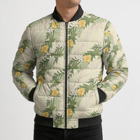 Hawaiian Pikake Maile Lei Bomber Puffer Jacket Tiare Hibiscus Kalo Palapalai Leaf Beige LT19 - Polynesian Pride