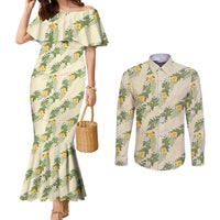 Hawaiian Pikake Maile Lei Couples Matching Mermaid Dress and Long Sleeve Button Shirt Tiare Hibiscus Kalo Palapalai Leaf Beige
