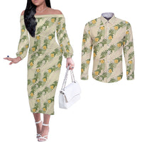 Hawaiian Pikake Maile Lei Couples Matching Off The Shoulder Long Sleeve Dress and Long Sleeve Button Shirt Tiare Hibiscus Kalo Palapalai Leaf Beige
