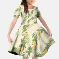 Hawaiian Pikake Maile Lei Family Matching Off Shoulder Maxi Dress and Hawaiian Shirt Tiare Hibiscus Kalo Palapalai Leaf Beige
