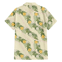 Hawaiian Pikake Maile Lei Family Matching Off Shoulder Maxi Dress and Hawaiian Shirt Tiare Hibiscus Kalo Palapalai Leaf Beige