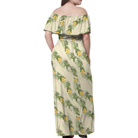 Hawaiian Pikake Maile Lei Family Matching Off Shoulder Maxi Dress and Hawaiian Shirt Tiare Hibiscus Kalo Palapalai Leaf Beige