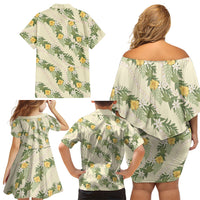 Hawaiian Pikake Maile Lei Family Matching Off Shoulder Short Dress and Hawaiian Shirt Tiare Hibiscus Kalo Palapalai Leaf Beige
