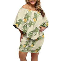Hawaiian Pikake Maile Lei Family Matching Off Shoulder Short Dress and Hawaiian Shirt Tiare Hibiscus Kalo Palapalai Leaf Beige