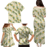 Hawaiian Pikake Maile Lei Family Matching Puletasi and Hawaiian Shirt Tiare Hibiscus Kalo Palapalai Leaf Beige