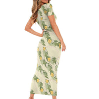 Hawaiian Pikake Maile Lei Family Matching Short Sleeve Bodycon Dress and Hawaiian Shirt Tiare Hibiscus Kalo Palapalai Leaf Beige