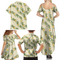 Hawaiian Pikake Maile Lei Family Matching Summer Maxi Dress and Hawaiian Shirt Tiare Hibiscus Kalo Palapalai Leaf Beige
