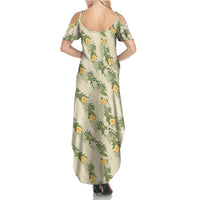 Hawaiian Pikake Maile Lei Family Matching Summer Maxi Dress and Hawaiian Shirt Tiare Hibiscus Kalo Palapalai Leaf Beige