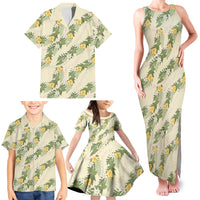 Hawaiian Pikake Maile Lei Family Matching Tank Maxi Dress and Hawaiian Shirt Tiare Hibiscus Kalo Palapalai Leaf Beige