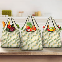 Hawaiian Pikake Maile Lei Grocery Bag Tiare Hibiscus Kalo Palapalai Leaf Beige