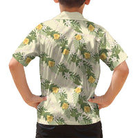 Hawaiian Pikake Maile Lei Kid Hawaiian Shirt Tiare Hibiscus Kalo Palapalai Leaf Beige