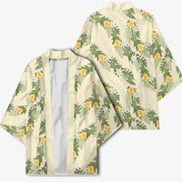 Hawaiian Pikake Maile Lei Kimono Tiare Hibiscus Kalo Palapalai Leaf Beige LT19 - Polynesian Pride