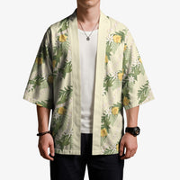 Hawaiian Pikake Maile Lei Kimono Tiare Hibiscus Kalo Palapalai Leaf Beige LT19 - Polynesian Pride