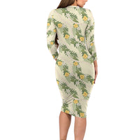 Hawaiian Pikake Maile Lei Long Sleeve Bodycon Dress Tiare Hibiscus Kalo Palapalai Leaf Beige