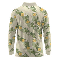 Hawaiian Pikake Maile Lei Long Sleeve Polo Shirt Tiare Hibiscus Kalo Palapalai Leaf Beige
