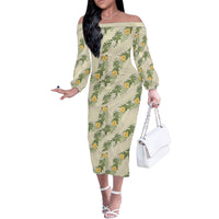 Hawaiian Pikake Maile Lei Off The Shoulder Long Sleeve Dress Tiare Hibiscus Kalo Palapalai Leaf Beige