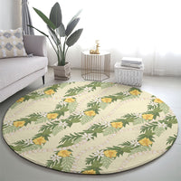 Hawaiian Pikake Maile Lei Round Carpet Tiare Hibiscus Kalo Palapalai Leaf Beige LT19 - Polynesian Pride