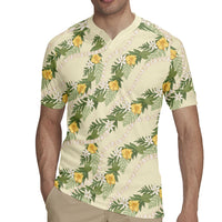 Hawaiian Pikake Maile Lei Rugby Jersey Tiare Hibiscus Kalo Palapalai Leaf Beige