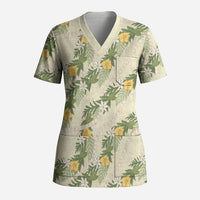 Hawaiian Pikake Maile Lei Scrub Top Tiare Hibiscus Kalo Palapalai Leaf Beige LT19 Adult Beige - Polynesian Pride