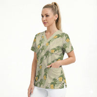 Hawaiian Pikake Maile Lei Scrub Top Tiare Hibiscus Kalo Palapalai Leaf Beige LT19 - Polynesian Pride