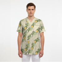 Hawaiian Pikake Maile Lei Scrub Top Tiare Hibiscus Kalo Palapalai Leaf Beige LT19 - Polynesian Pride